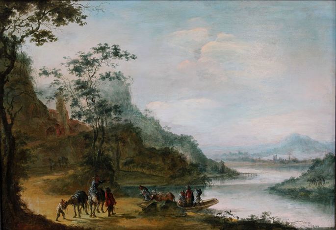 Gillis Neyts (Attributed to) - A wooded landscape with figures crossing a river | MasterArt